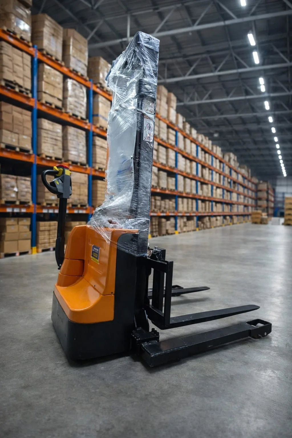 Apilador eléctrico Montrack envuelto, listo para entrega, entre racks con cajas