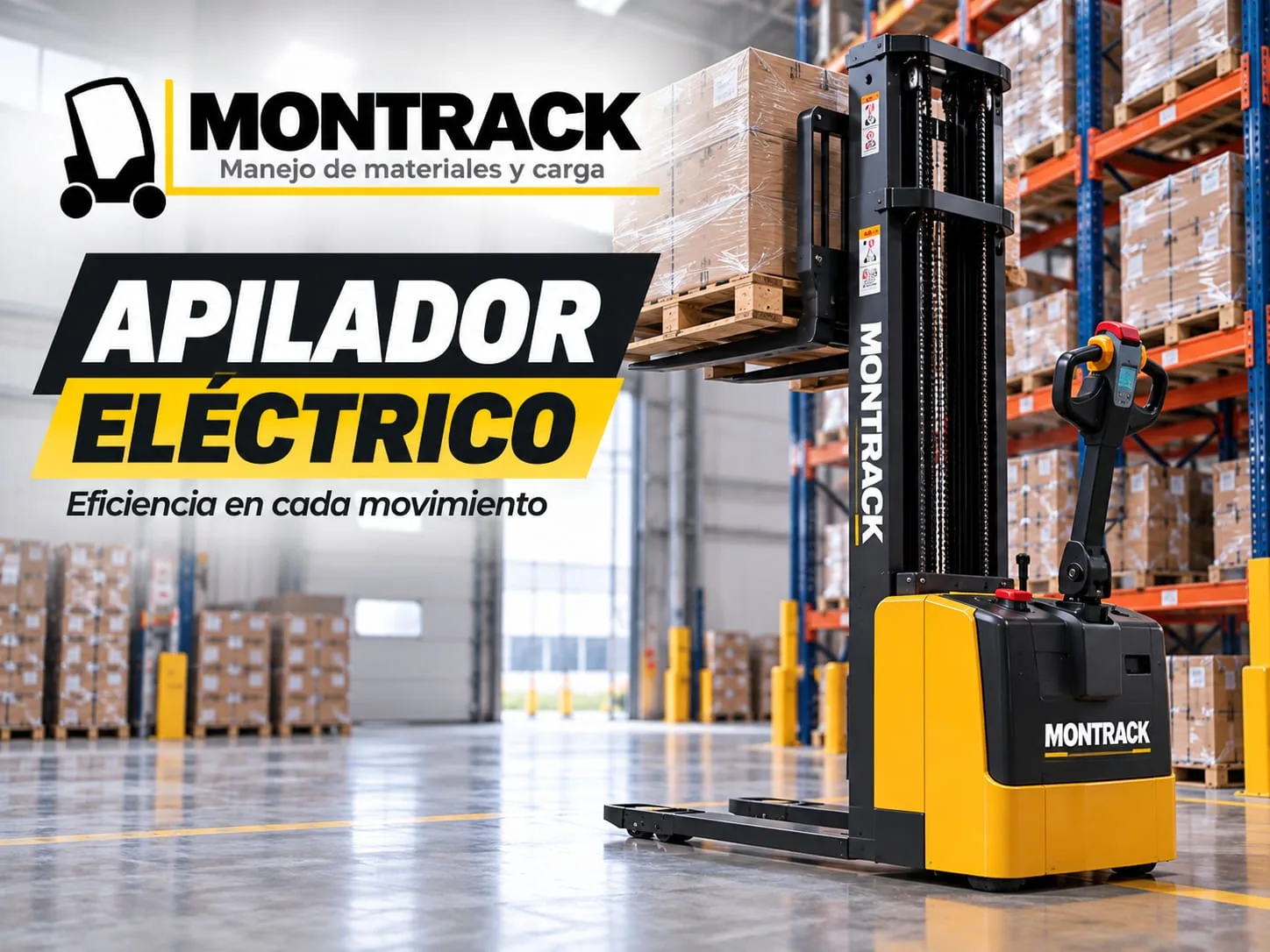 Apilador eléctrico Montrack elevando una tarima de cajas en un centro de distribución