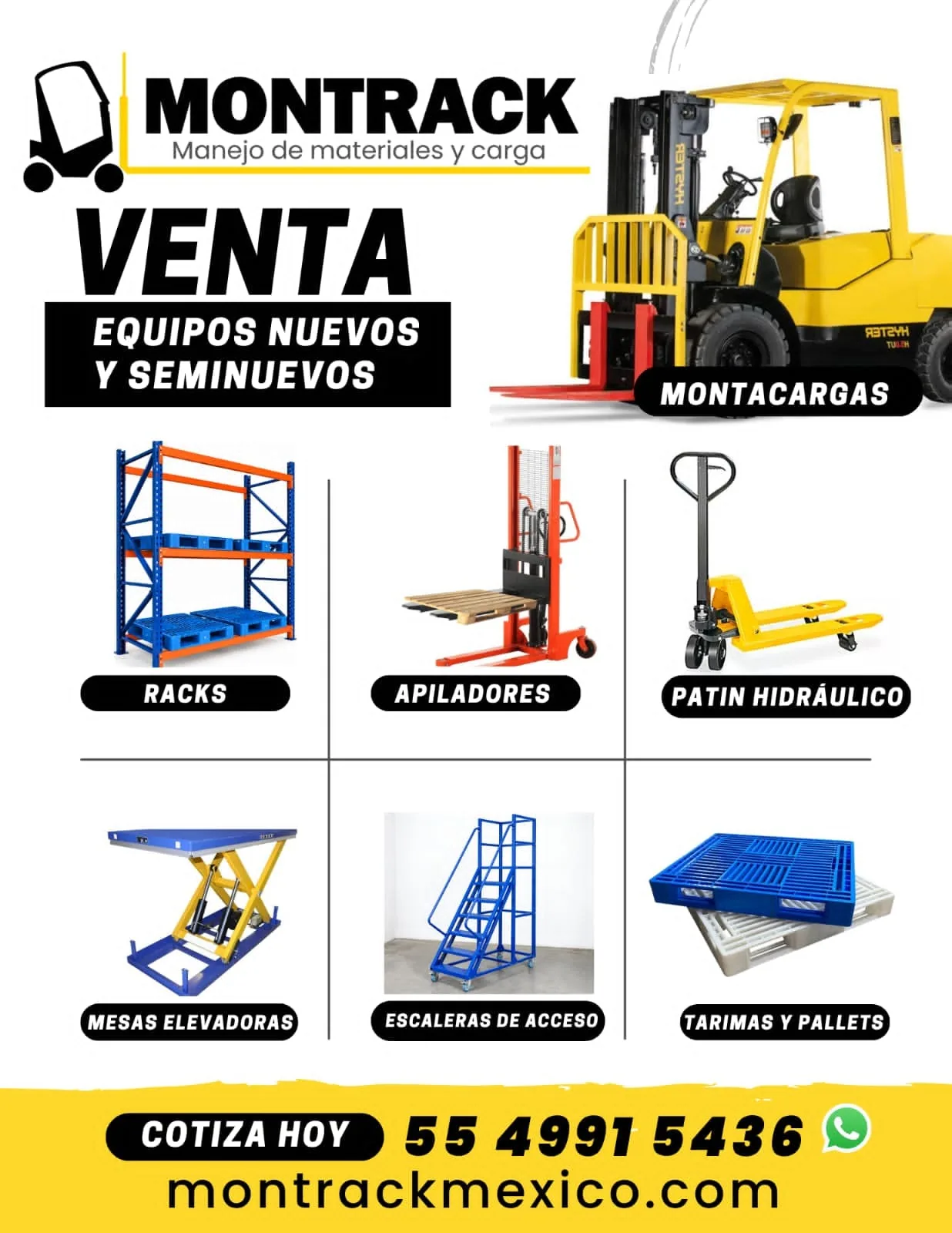 Catálogo Montrack de venta de equipos nuevos y seminuevos: montacargas, racks, apiladores, patín hidráulico, mesas elevadoras, escaleras y tarimas