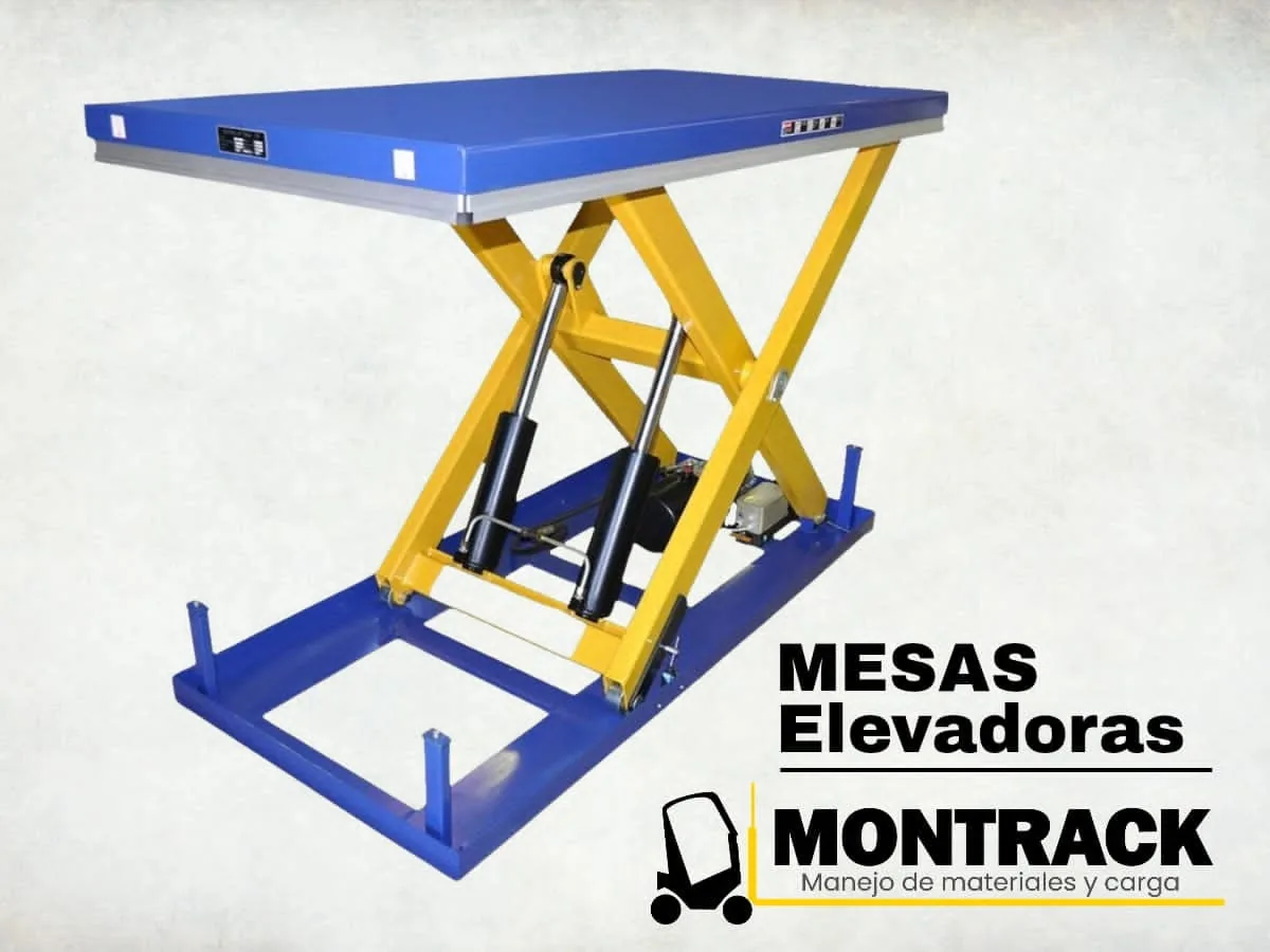 Mesa elevadora de tijera hidráulica con plataforma azul y estructura amarilla