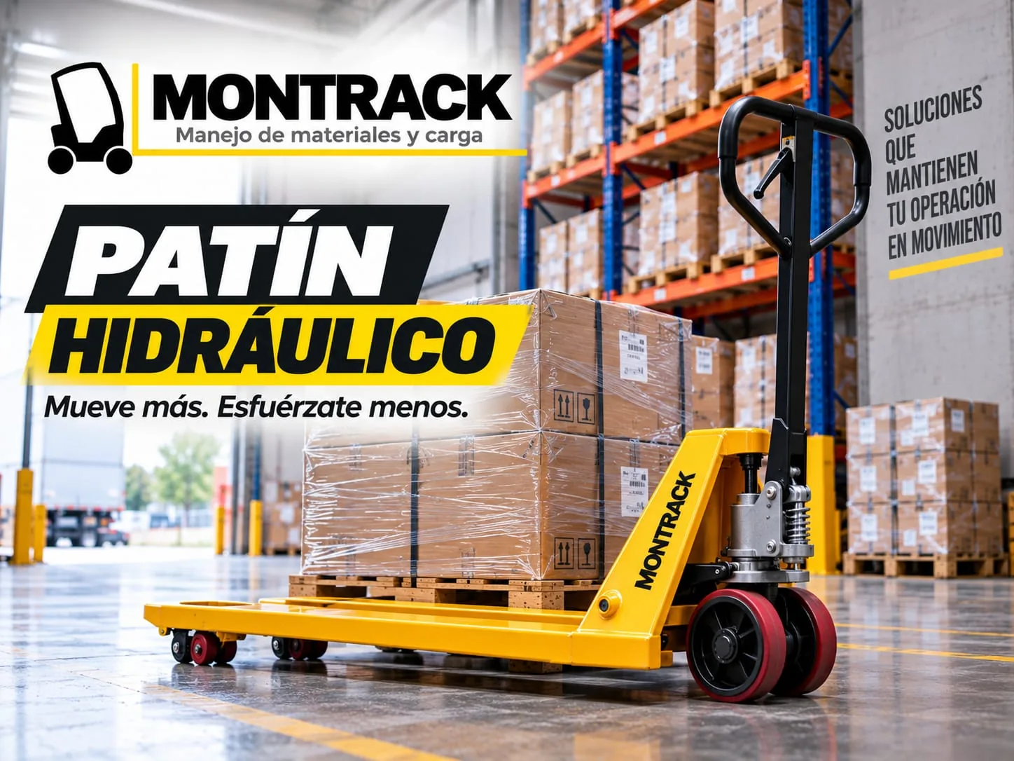 Patín hidráulico amarillo Montrack cargando una tarima