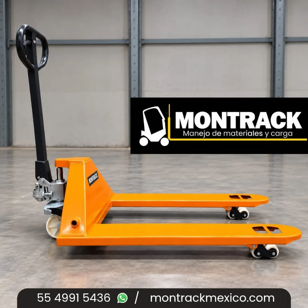 Patín hidráulico naranja Montrack visto de lado sobre piso industrial