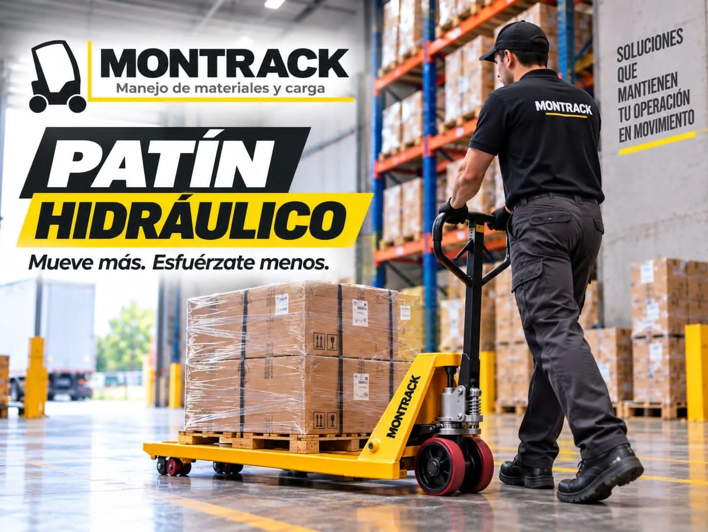 Operador moviendo una tarima con patín hidráulico Montrack en un almacén
