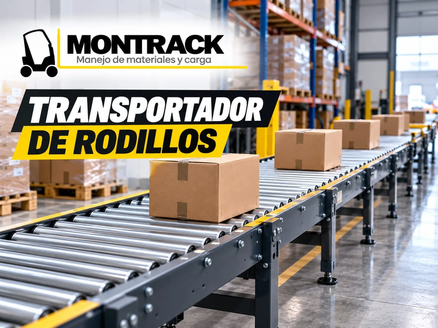 Transportador de rodillos Montrack moviendo cajas dentro de un almacén
